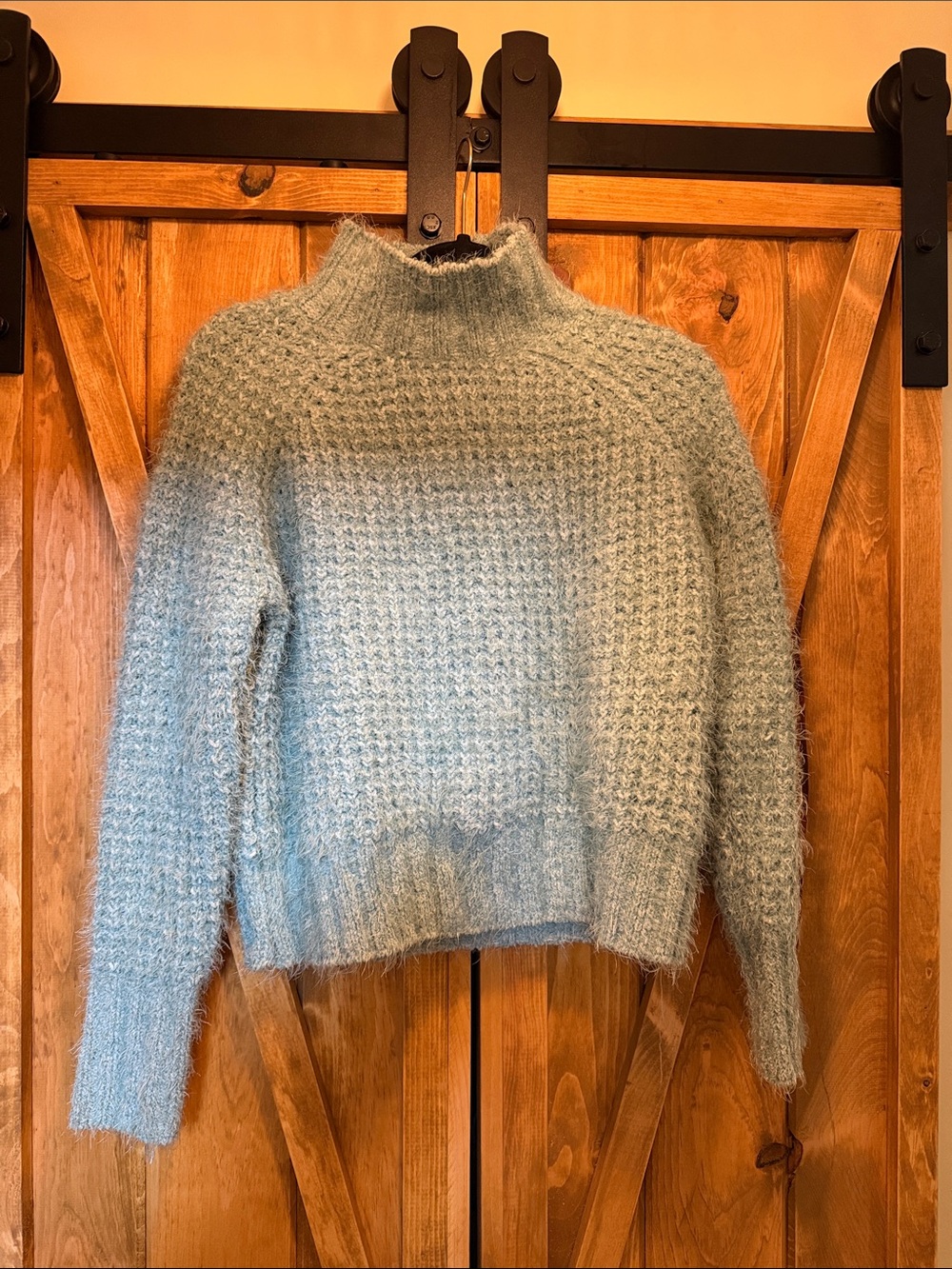 SO Light Blue Fuzzy Mock Neck Sweater